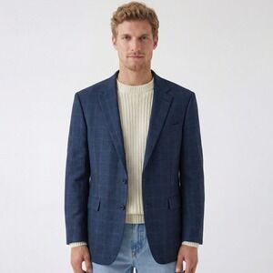 S. Cohen Windowpane Plaid Blazer Mens 42L Blue Wool Cashmere Sport Coat Luxury